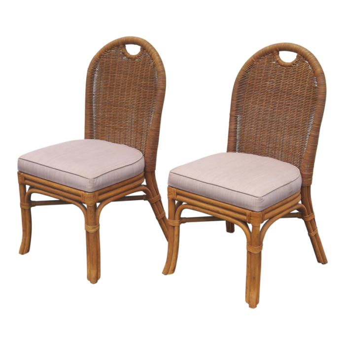 mid 20th century boho chic bamboo rattan and wicker dining chairs set of 2 1107