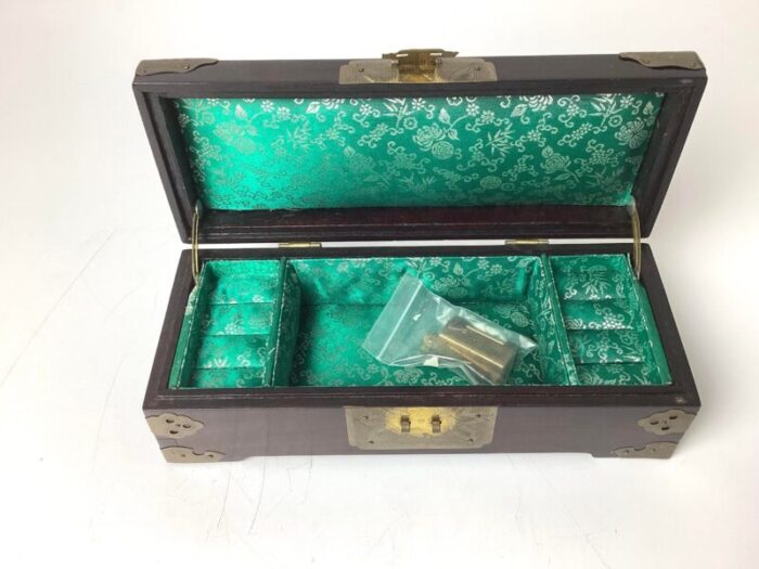 mid 20th century chinese jade medallion jewelry wood box with brass fittings 0377