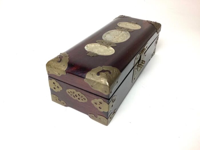 mid 20th century chinese jade medallion jewelry wood box with brass fittings 6276