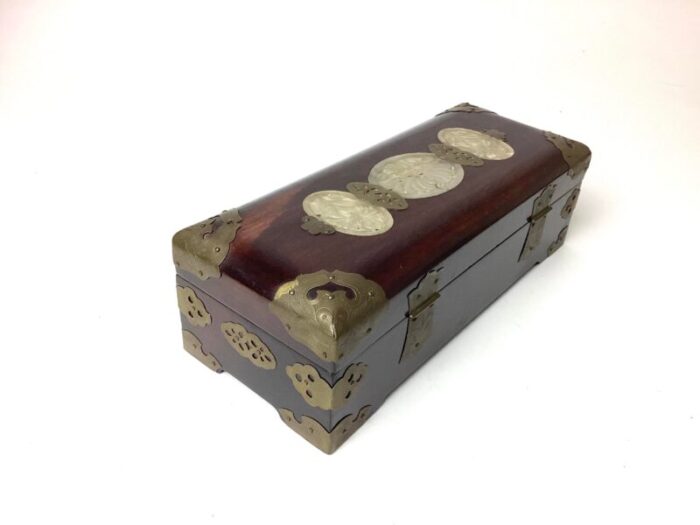 mid 20th century chinese jade medallion jewelry wood box with brass fittings 9111