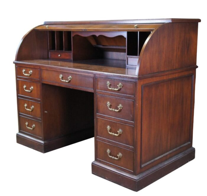 mid 20th century hekman mahogany roll top kneehole library executive secretary bankers desk 0188