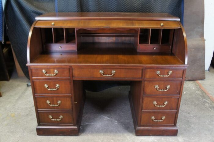 mid 20th century hekman mahogany roll top kneehole library executive secretary bankers desk 8631