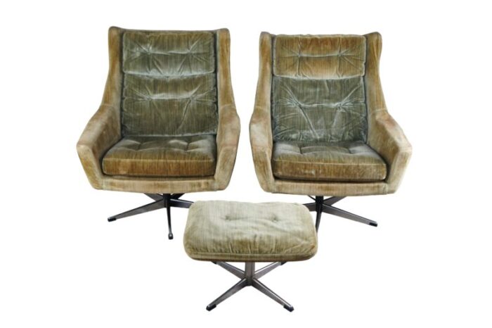 mid 20th century john stuart mid century modern danish wingback club lounge armchairs and ottoman 3 pieces 6765