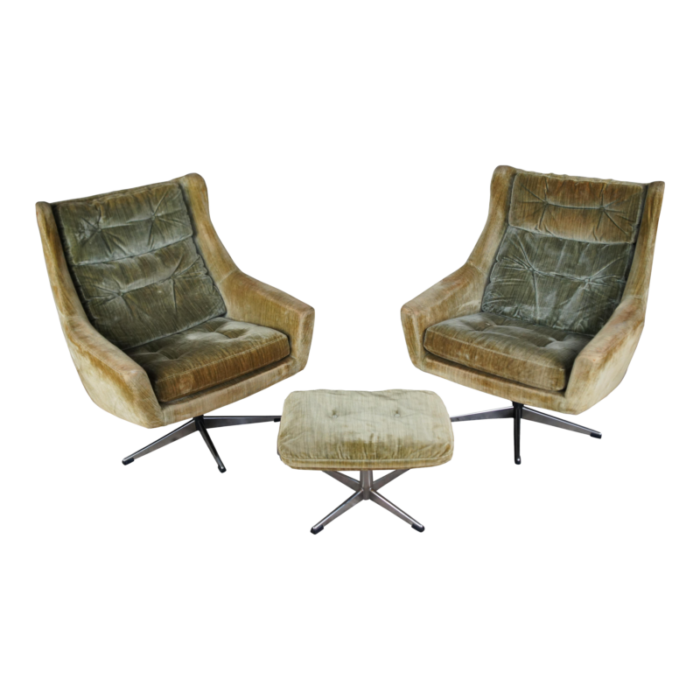 mid 20th century john stuart mid century modern danish wingback club lounge armchairs and ottoman 3 pieces 7162