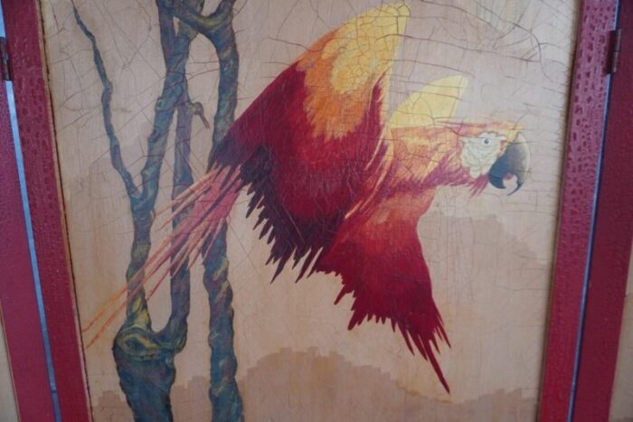 mid 20th century lurabee parrot painting on tri fold screen 0331