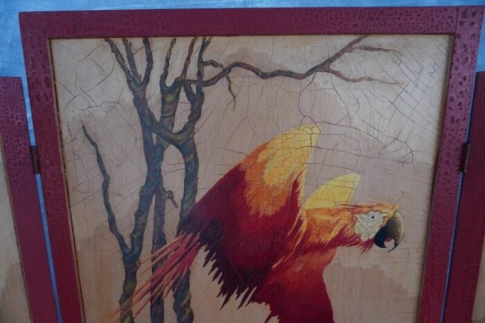 mid 20th century lurabee parrot painting on tri fold screen 1598