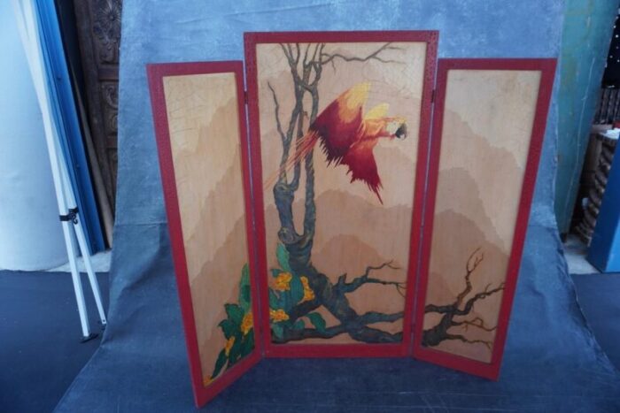 mid 20th century lurabee parrot painting on tri fold screen 3158