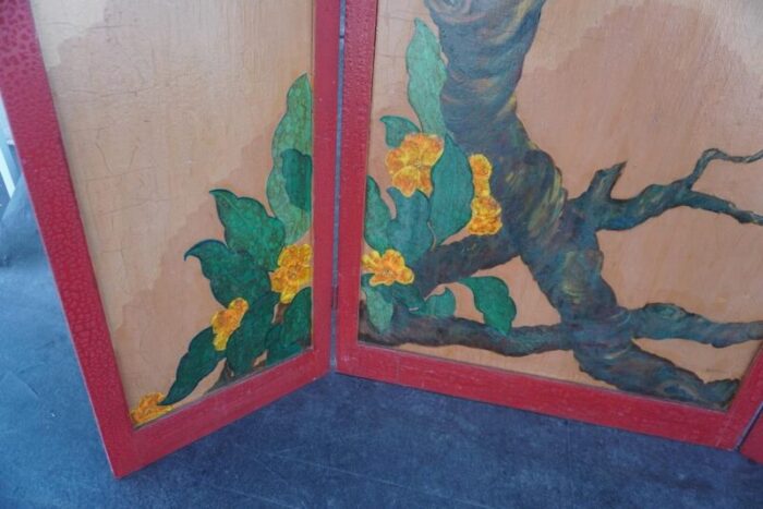 mid 20th century lurabee parrot painting on tri fold screen 4653