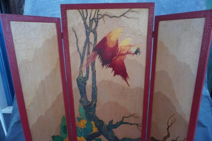 mid 20th century lurabee parrot painting on tri fold screen 5420