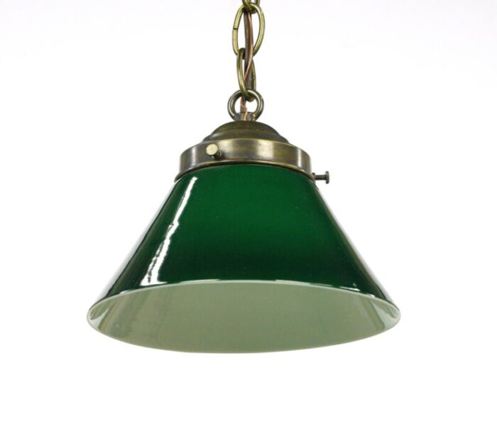 mid 20th century rewired green glass shade brass chain pendant light 2936