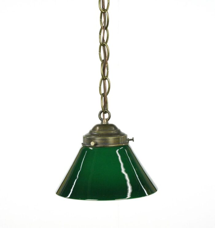 mid 20th century rewired green glass shade brass chain pendant light 7701