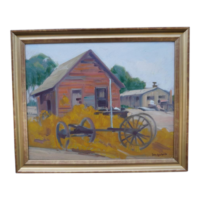 mid 20th century sam hyde harris rural barn scene oil painting on board framed 3340