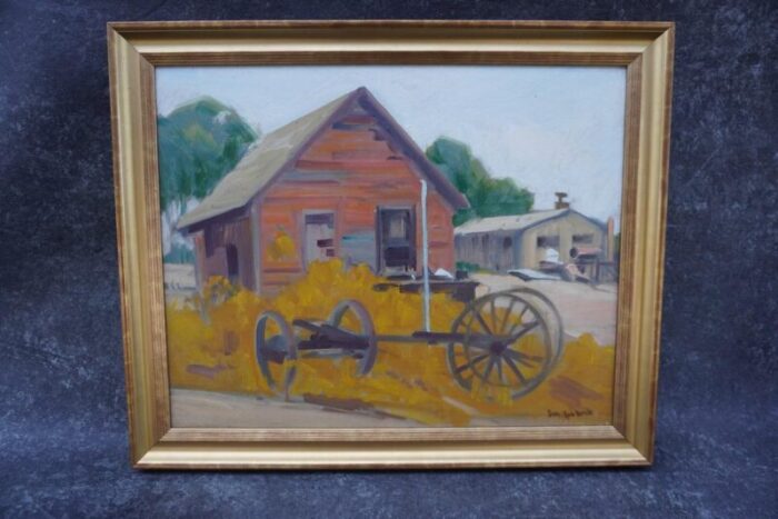 mid 20th century sam hyde harris rural barn scene oil painting on board framed 9534