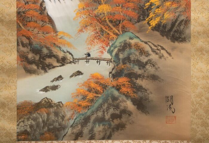 mid 20th century showa era watercolor silk scroll painting autumn in the mountains 2042