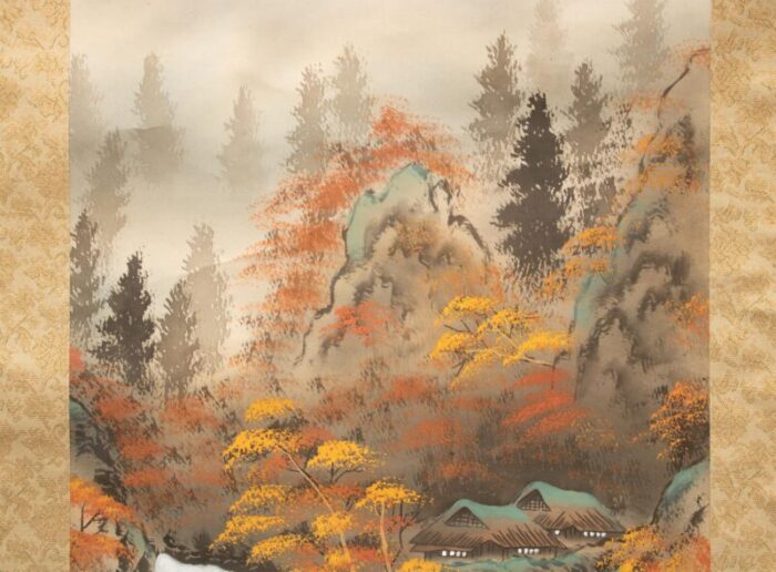 mid 20th century showa era watercolor silk scroll painting autumn in the mountains 5092