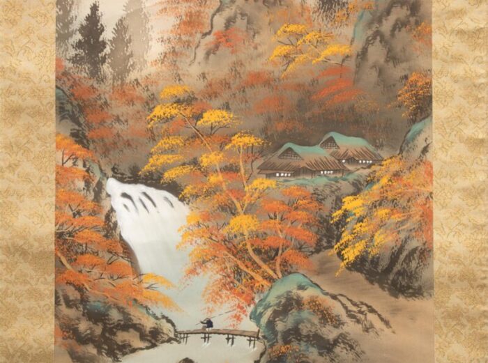 mid 20th century showa era watercolor silk scroll painting autumn in the mountains 9394