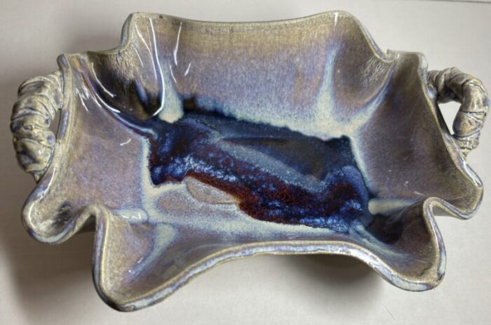 mid 20th century signed glazed slab built handmade stoneware tray with red blue purple interior drip glaze 2489