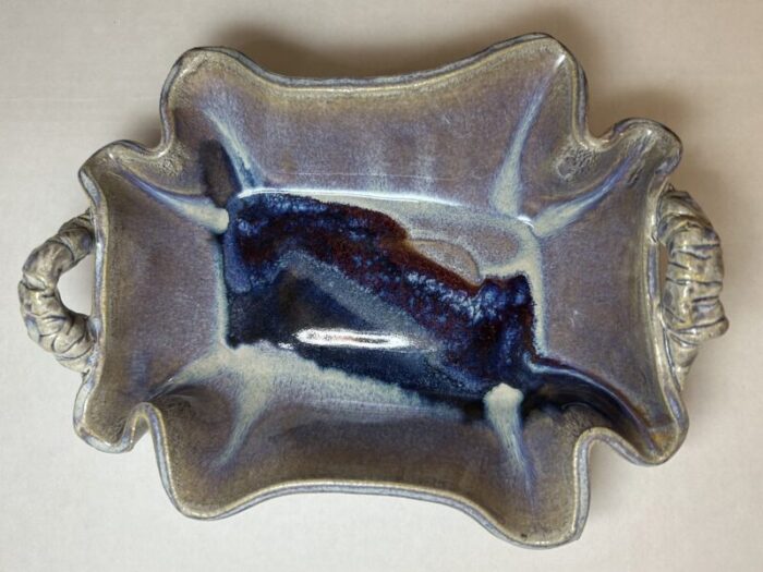 mid 20th century signed glazed slab built handmade stoneware tray with red blue purple interior drip glaze 2685