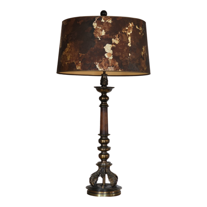 mid 20th century stiffel style large brass wooden column table lamp with metallic paper shade 3386