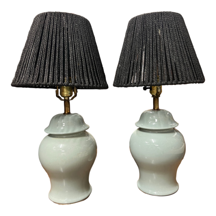 mid 20th century tiffany blue table lamps with woven shades a pair 7782