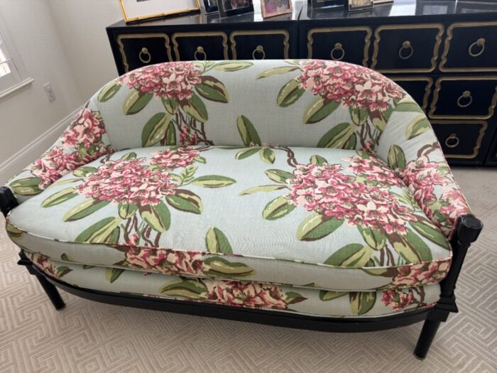 mid 20th century vintage baker settees with dorothy draper rhododendron fabric 4997