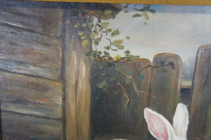 mid 20th century vintage c garnet realist farmhouse bunny rabbit portrait oil painting framed 0305