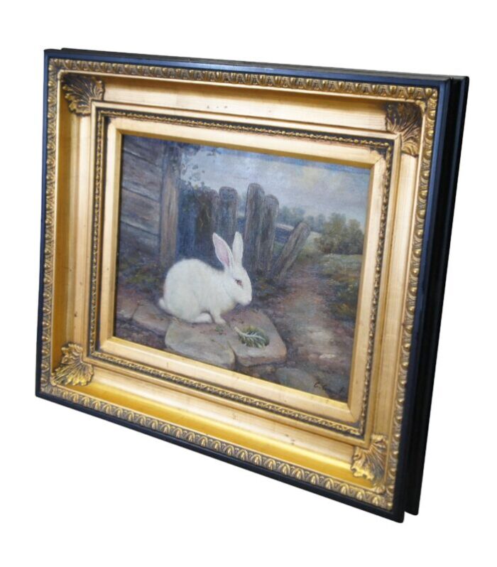 mid 20th century vintage c garnet realist farmhouse bunny rabbit portrait oil painting framed 1150