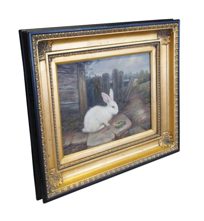 mid 20th century vintage c garnet realist farmhouse bunny rabbit portrait oil painting framed 1941