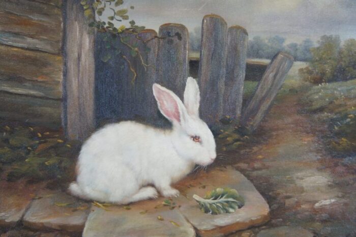 mid 20th century vintage c garnet realist farmhouse bunny rabbit portrait oil painting framed 2439