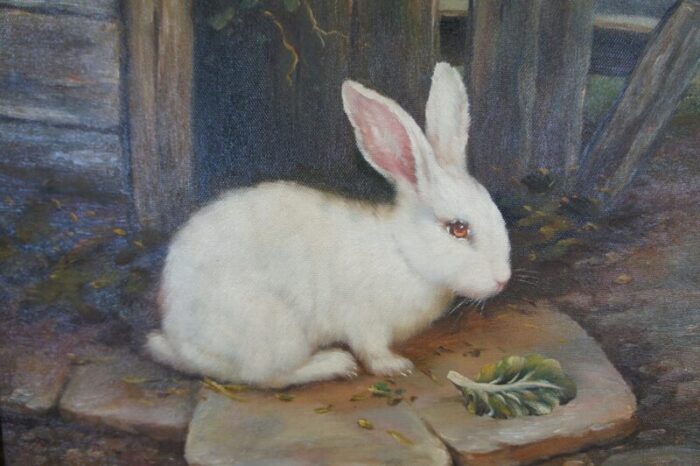 mid 20th century vintage c garnet realist farmhouse bunny rabbit portrait oil painting framed 4948