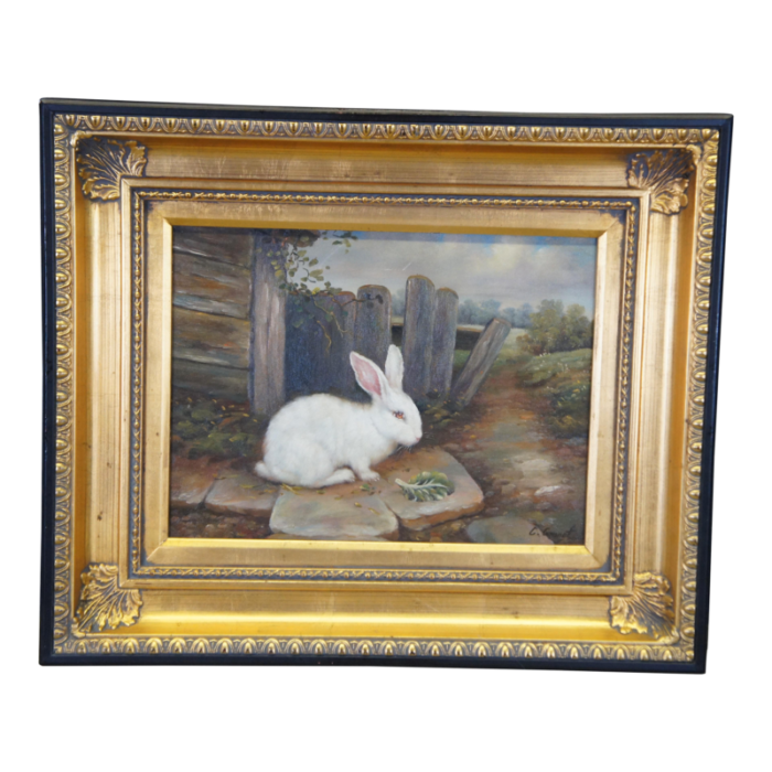 mid 20th century vintage c garnet realist farmhouse bunny rabbit portrait oil painting framed 9665