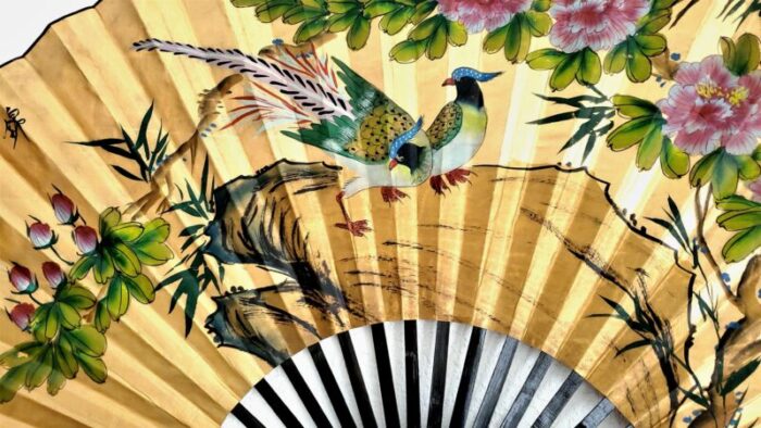 mid 20th century vintage chinese gold leaf wall fan painting with a pair of hand painted phoenix birds with pink flowers signed by artist 2588