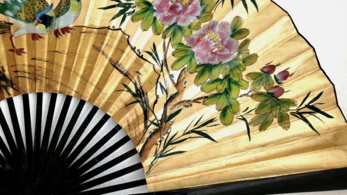 mid 20th century vintage chinese gold leaf wall fan painting with a pair of hand painted phoenix birds with pink flowers signed by artist 4251