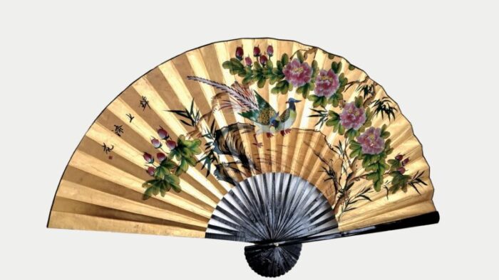 mid 20th century vintage chinese gold leaf wall fan painting with a pair of hand painted phoenix birds with pink flowers signed by artist 5644