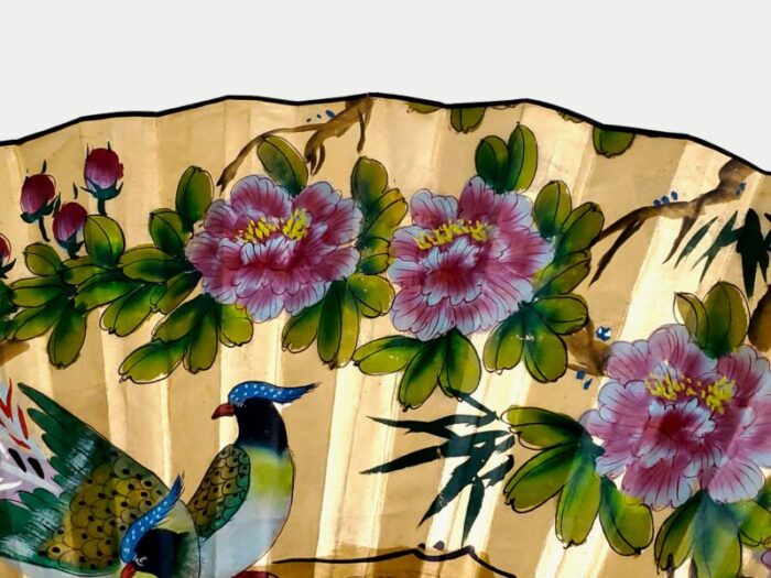 mid 20th century vintage chinese gold leaf wall fan painting with a pair of hand painted phoenix birds with pink flowers signed by artist 6772