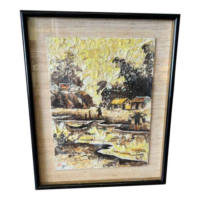 mid 20th century vintage framed asian art of a village with butterfly wings 1531