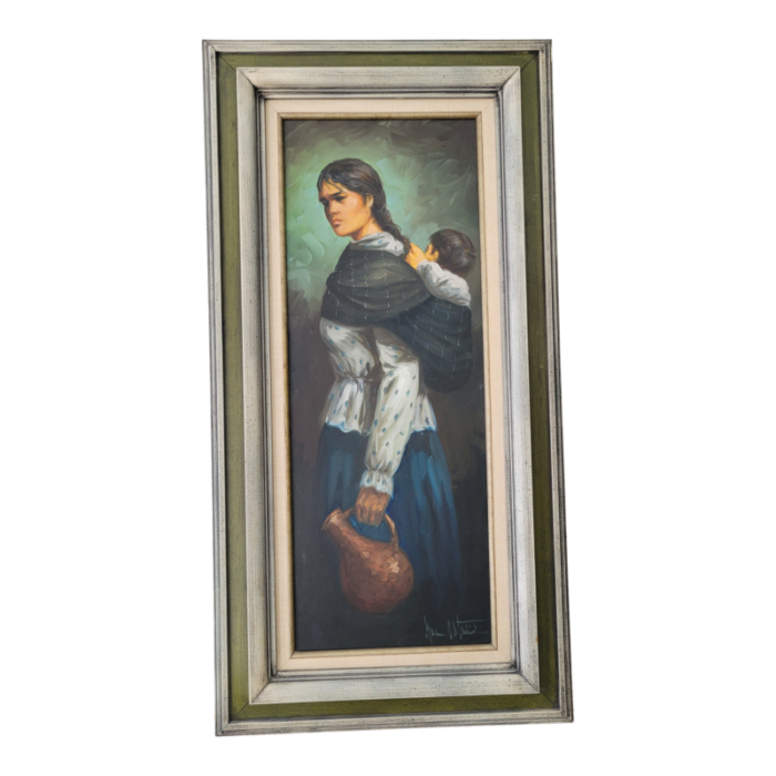 mid 20th century vintage signed painting of a woman carrying a baby framed 8434