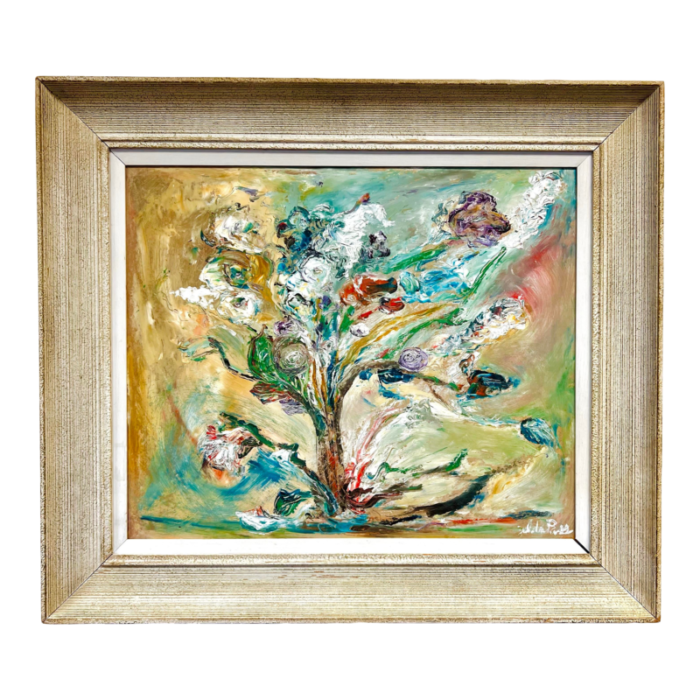 mid century abstract floral painting signed 9065