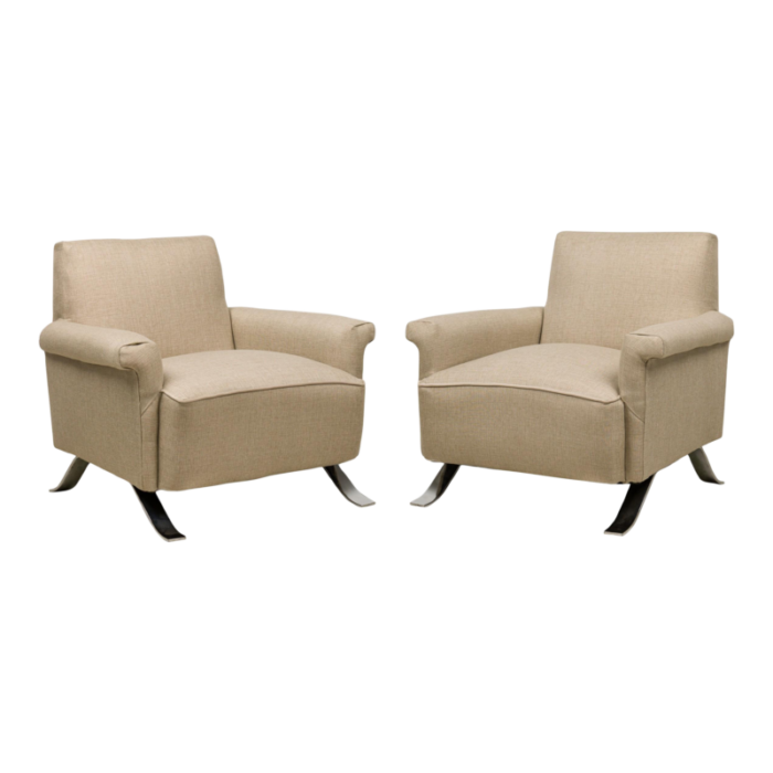 mid century american chrome beige fabric upholstered lounge armchairs a pair 6018