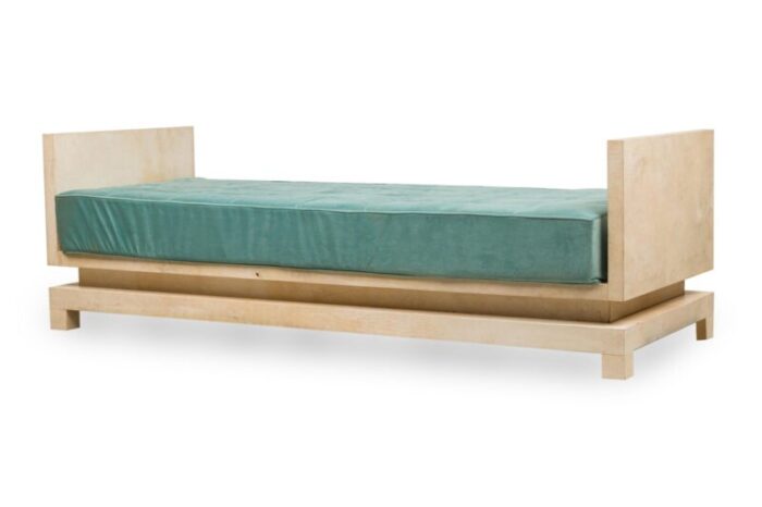 mid century american parchment and teal upholstered daybed manner of samuel marx 4239