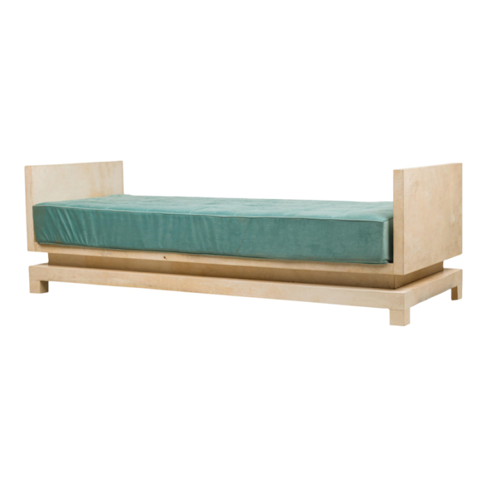 mid century american parchment and teal upholstered daybed manner of samuel marx 9958