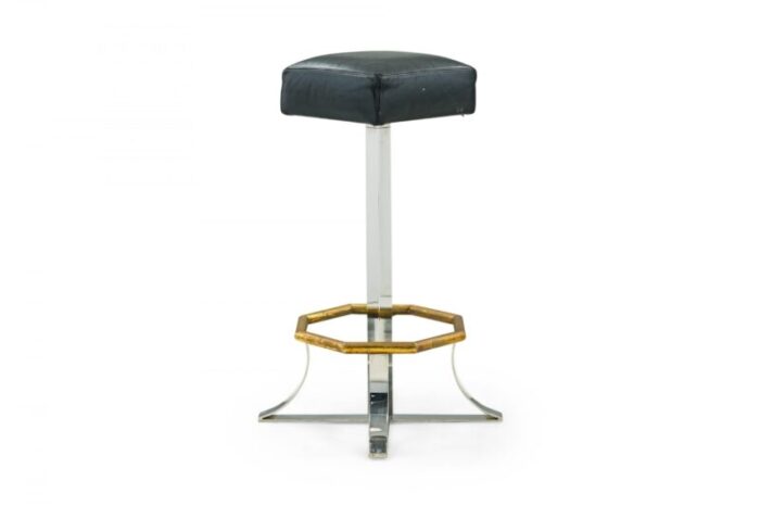 mid century american polished chrome brass and black leather barstools a pair 0024