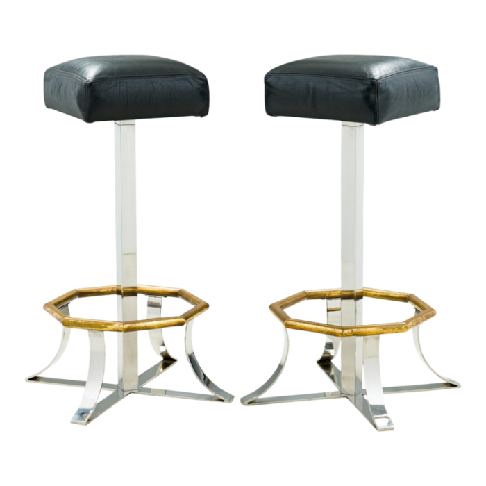 mid century american polished chrome brass and black leather barstools a pair 7107