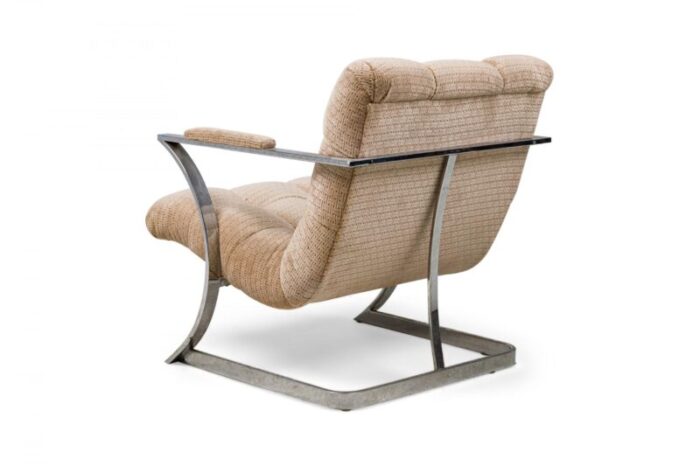 mid century american polished silver metal and beige upholstered armchair manner of milo baughman 3042