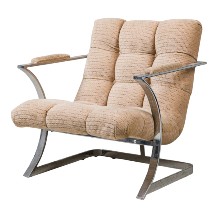 mid century american polished silver metal and beige upholstered armchair manner of milo baughman 5124