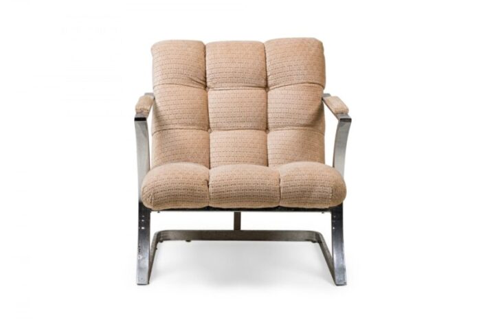 mid century american polished silver metal and beige upholstered armchair manner of milo baughman 7780