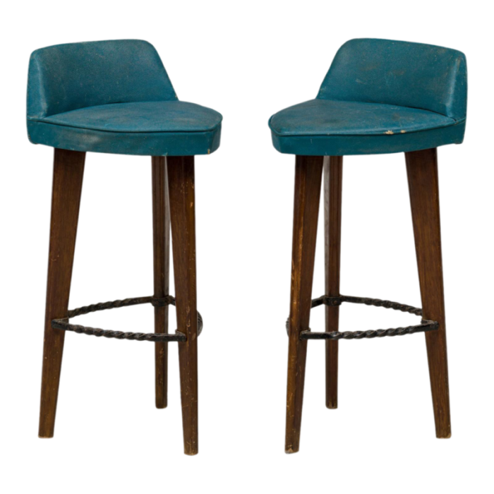 mid century american triangular blue vinyl upholstered wood bar stools a pair 0535