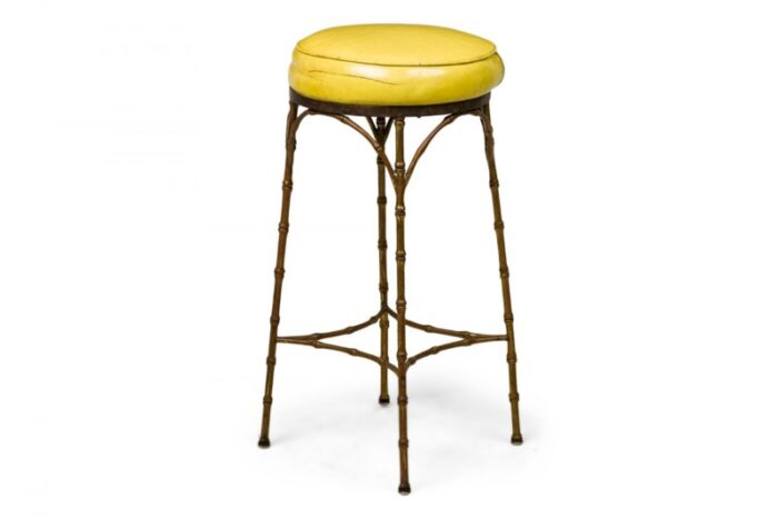 mid century american yellow leather and brass faux bamboo bar stools set of 3 0379