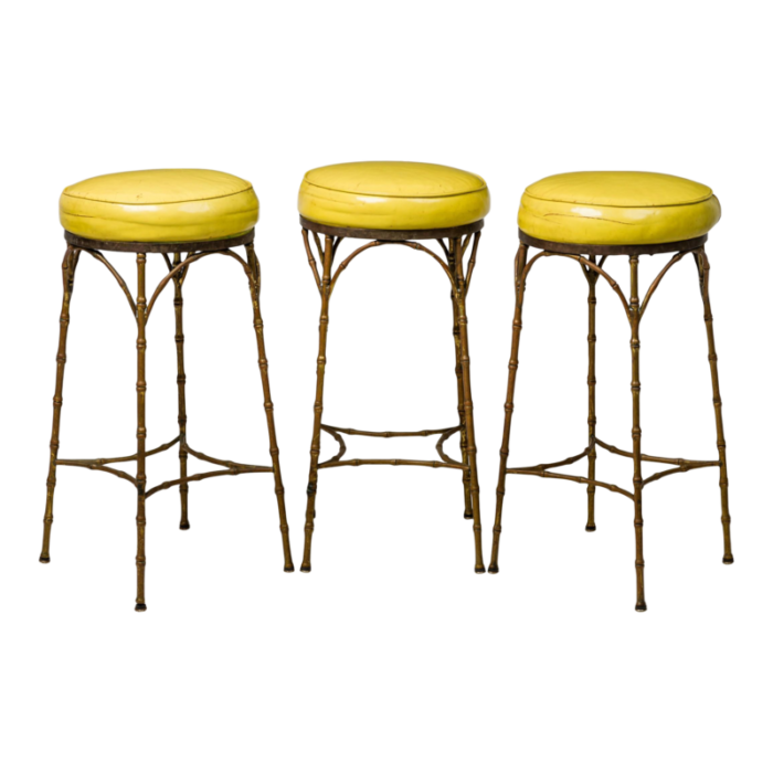 mid century american yellow leather and brass faux bamboo bar stools set of 3 5149