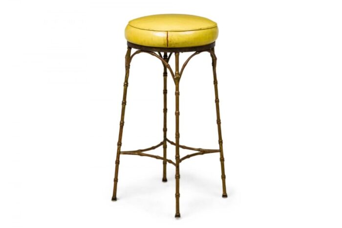 mid century american yellow leather and brass faux bamboo bar stools set of 3 7549